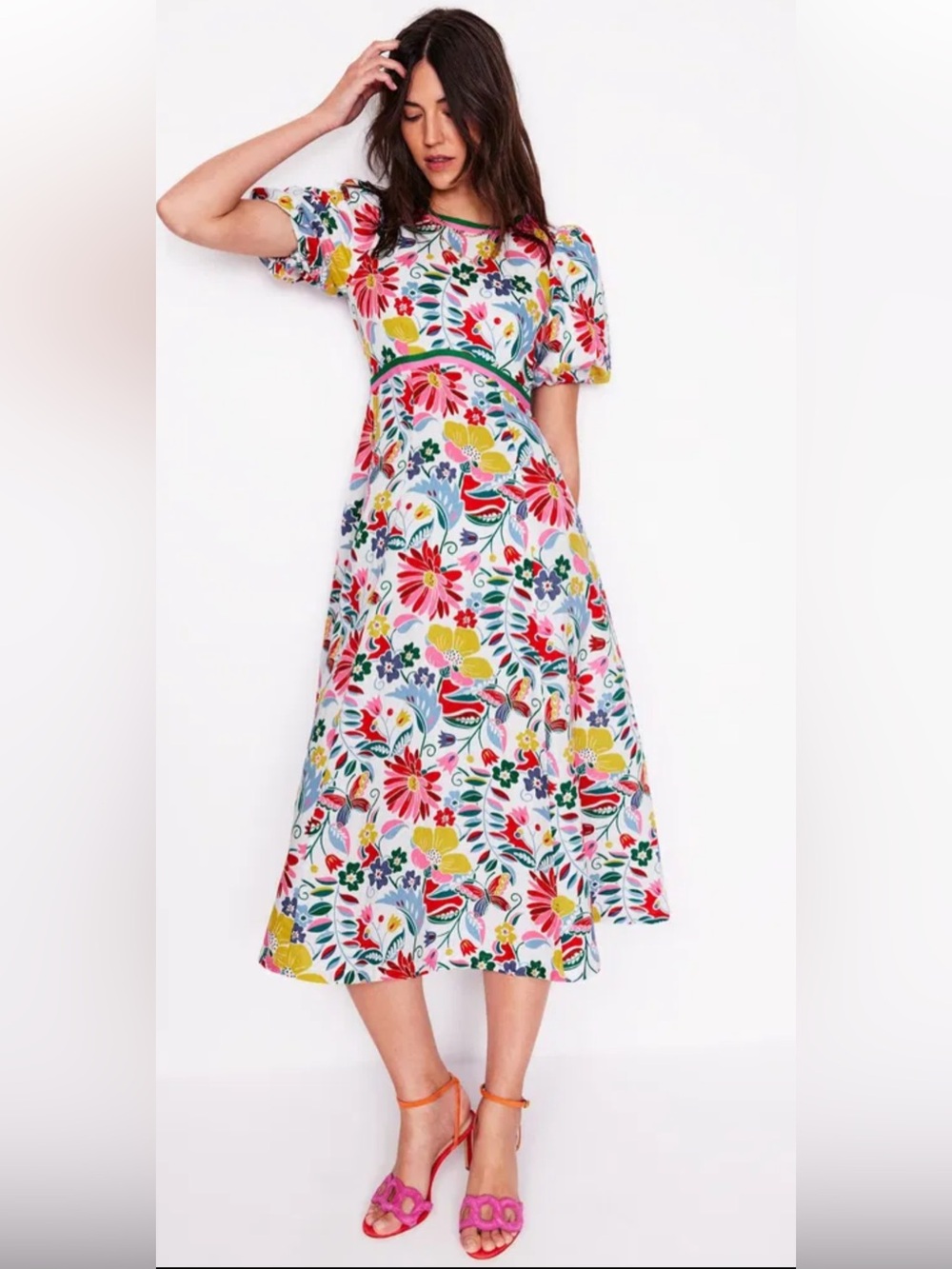 Boden Floral Puff-Sleeve Midi Dress in White with Red, Yellow & Blue - Picture 5 of 7